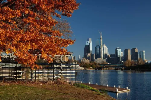 Downtown Philadelphia in fall with the Schuylkill river