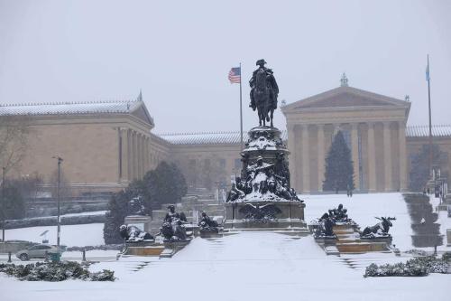 The Philadelphia Washington Monument in a snowstorm