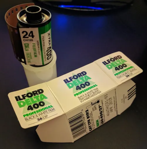 An Ilford Film box and roll of film